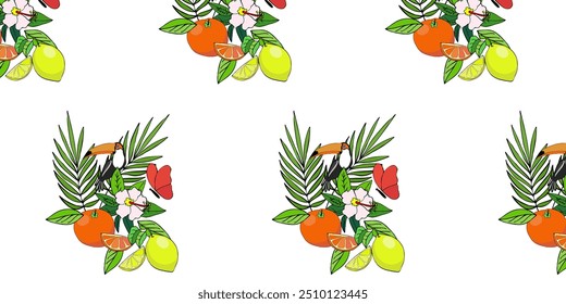 Vector color drawing of fruit lemon, orange, tropics, tropical plants, toucan. Seamless pattern