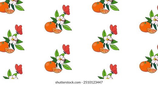 Desenho a cores vetorial de limão de fruta, laranja, trópicos, plantas tropicais, tucano. Padrão contínuo