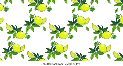 Vector color drawing of fruit lemon, orange, tropics, tropical plants, toucan. Seamless pattern