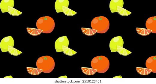 Vector color drawing of fruit lemon, orange, tropics, tropical plants, toucan. Seamless pattern