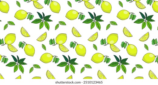 Dibujo de color de Vector de frutas limón, naranja, trópicos, plantas tropicales, tucán. Patrón sin fisuras