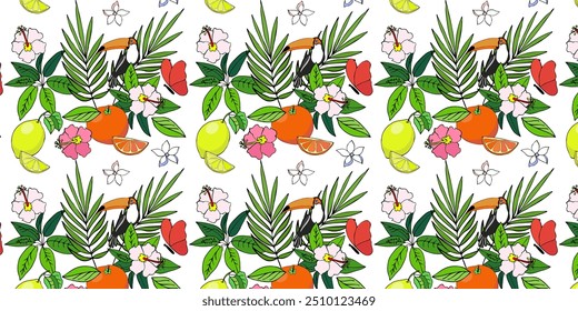 Vector color drawing of fruit lemon, orange, tropics, tropical plants, toucan. Seamless pattern