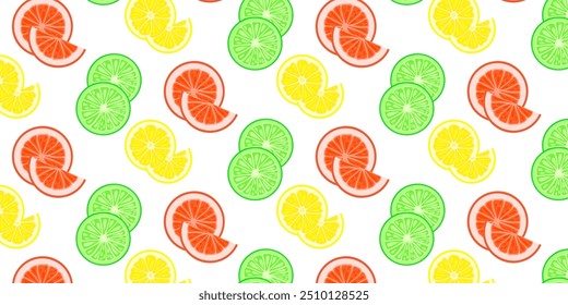 Vector color drawing of fruit lemon, orange, lime. Seamless pattern