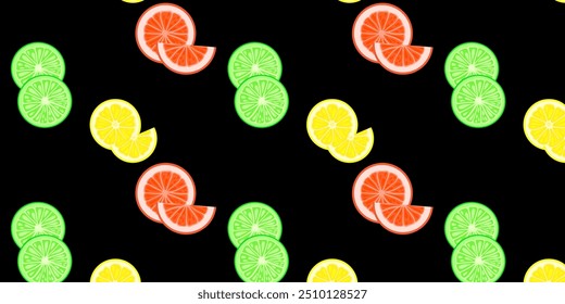 Vector color drawing of fruit lemon, orange, lime. Seamless pattern