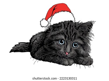 Dibujo de color vectorial del gato gris en el sombrero rojo de Santa Claus, ilustración para diseño navideño y libros