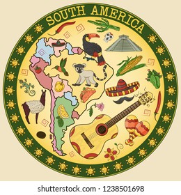 vector color drawing on South America theme, animals, buildings, plants, holidays, continent map, food design elements, sticker circular ornament all illustrations on separate layers