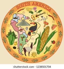 vector color drawing on South America theme, animals, buildings, plants, holidays, continent map, food design elements, sticker circular ornament all illustrations on separate layers