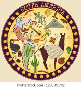 vector color drawing on South America theme, animals, buildings, plants, holidays, continent map, food design elements, sticker circular ornament all illustrations on separate layers