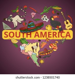 vector color drawing on South America theme, animals, buildings, plants, holidays, continent map, food design elements, sticker all illustrations on separate layers