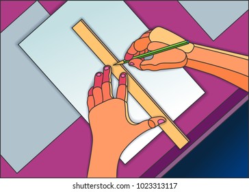Vector color drawing of a pencil ruler table of a stained glass architect.