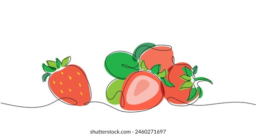 Dibujo en color Vector de fresa estilizada con hojas en una línea