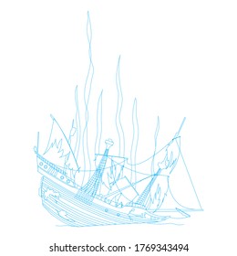 Dibujo de color vectorial de un barco hundido con velas rojas