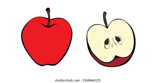 Vector color drawing of whole and cut in half apple in doodle flat style. Hand-drawn isolated fruit. Clip art, symbol of harvest, summer, autumn, garden, healthy food, school snack