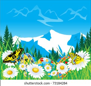 vector color easter eggs mountains meadow with butterflies