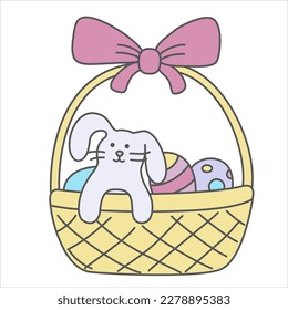 Vector color easter illustration with black line of a  basket with rabbit and eggs.