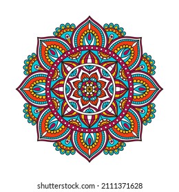 Vector color ethnic mandala. Hand drawn floral mandala. Illustration in doodle style. Isolated on white background. Medetation and relaxation. Abstract tribal flower.