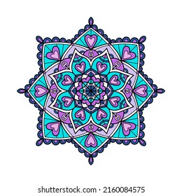 Vector color ethnic mandala. Hand drawn floral mandala. Illustration in doodle style. Isolated on white background. Medetation and relaxation. Abstract tribal flower.