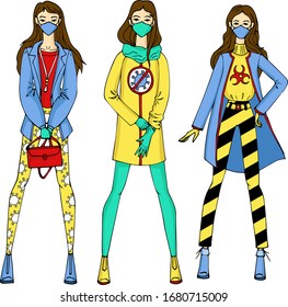 Vector color fashion illustration of three girls with gloves and protective masks