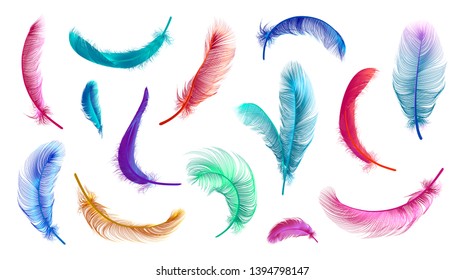 Vector color feathers collection, set of different falling fluffy twirled feathers, isolated on white, transparent background. Realistic style, colorful vector 3d illustration.