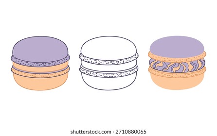 Vector de color con galletas de macarrones de color púrpura y naranja en el contorno a todo color y variaciones detalladas. Diseño escalable adecuado para diversas aplicaciones.