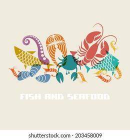 Vector color fish and seafood icon. Food sign for menu and market. Illustration for print, web