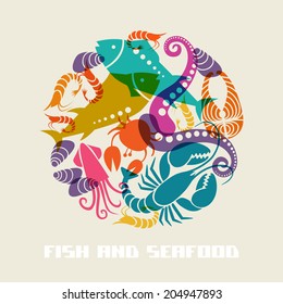 Vector color fish and seafood icon. Food sign for menu and market. Illustration for print, web. Circle design element