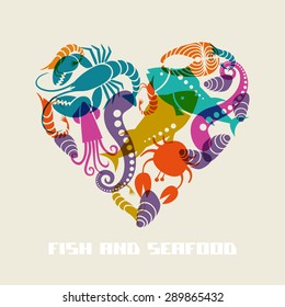 Vector color fish and seafood icon heart. Food sign for menu and market. Illustration for print, web. Original design element