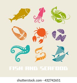 Vector color fish and seafood icon. Food simple sign for menu and market. Color illustration for print, web