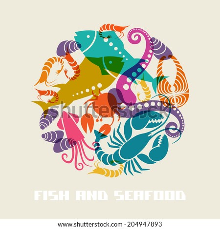 Vector color fish and seafood icon. Food sign for menu and market. Illustration for print, web. Circle design element