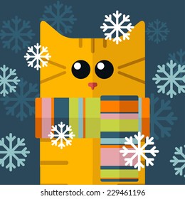 Vector color flat cat and snow. Eps 10