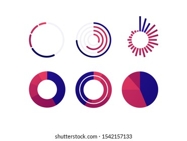 Vector color flat chart diagram icon illustration set. Red and blue diagram collection of pie, donut, radial bar and histogram infographic element. Design for finance, statistics, analitics, science.