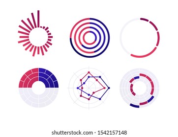 Vector color flat chart diagram icon illustration set. Red and blue diagram group of radar, heat map, donut, radial histogram infographic element. Design for finance, statistics, analitics, science