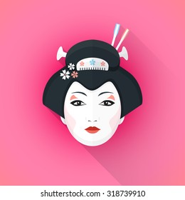 vector color flat design attractive japanese geisha face with black hair hairpins with shadow isolated illustration on pink background
