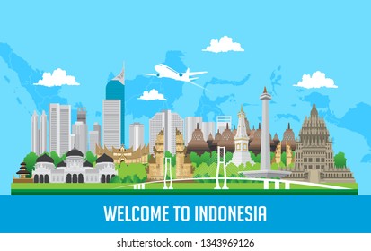 Vector color Flat design, Illustration of Indonesia Icons and landmarks