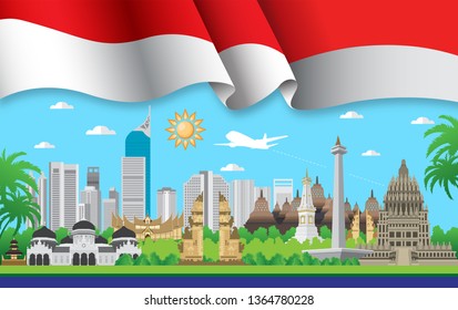 Vector color Flat design, Illustration of Indonesia Icons and landmarks with indonesia flag