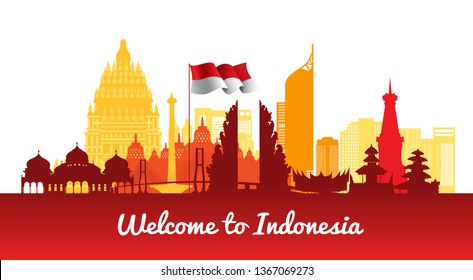 Vektorfarbe Flaches Design, Illustration Indonesiens Symbole und Wahrzeichen mit indonesischer Flagge