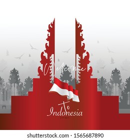 Vector color Flat design, Illustration of Indonesia Icons and landmarks with indonesia flag.