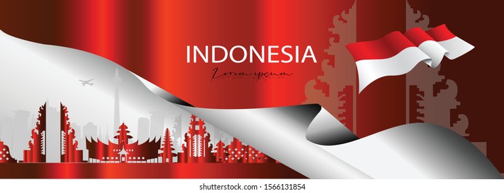 Vector color Flat design, Illustration of Indonesia Icons and landmarks with indonesia flag