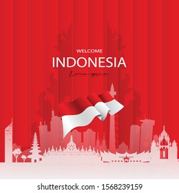 Vector color Flat design, Illustration of Indonesia Icons and landmarks with indonesia flag