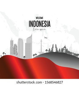 Vector color Flat design, Illustration of Indonesia Icons and landmarks with indonesia flag