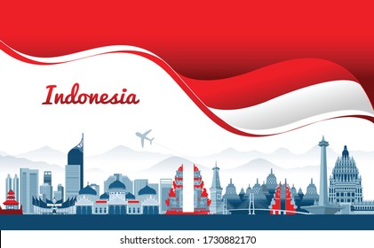 Vector Farbe Flachdesign, Illustration Indonesiens Ikonen und Wahrzeichen mit indonesischer Flagge