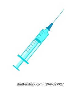 Vector color flat design of medical plastic syringe with blue liquid and iron needle. Illustration of hospital equipment isolated on a white background.