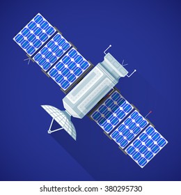 vector color flat design satellite broadcast module antenna solar panels illustration long shadow isolated blue background
