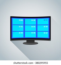 vector color flat design satellite tv channels curved screen tv illustration long shadow isolated blue background
