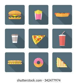 Vector Color Flat Design Various Fast Food French Fries Hamburger Cheeseburger Hot Dog Coffee Cup Pizza Cola Soda Club Sandwich Baguette Donut Icons Set Dark Background Long Shadows
