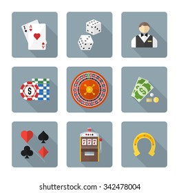 vector color flat design various gambling signs blackjack dice croupier casino tokens roulette cash money card suits slot machine lucky horseshoe icons set dark background long shadows

