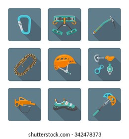 vector color flat design various climbing gear carabiner harness helmet rope shoes belay cam bolt hanger hold descender pulley ice axe icons set dark background long shadows

