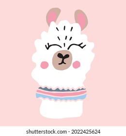 Vector color flat hand drawn childrens illustration, poster, print with cute smiling llama. Alpaca. Cute baby animals.