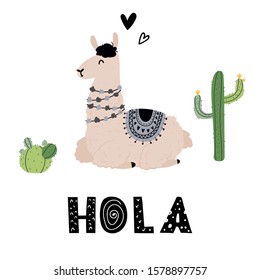 Vector color flat hand-drawn children's illustration, poster, print with cute lying llama, cacti and lettering hola on a white background. Alpaca. Cute baby animals.