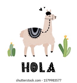 Vector color flat hand-drawn children's illustration, poster, print with cute smiling llama, cacti, hearts and lettering hola on a white background. Alpaca. Cute baby animals.